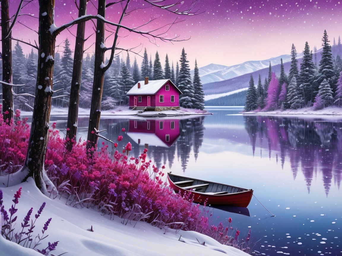 Serene Winter Landscape with Pink House and Lake