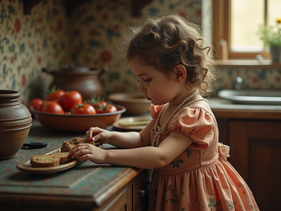 Young girl at rustic kitchen table with bread and tomatoes