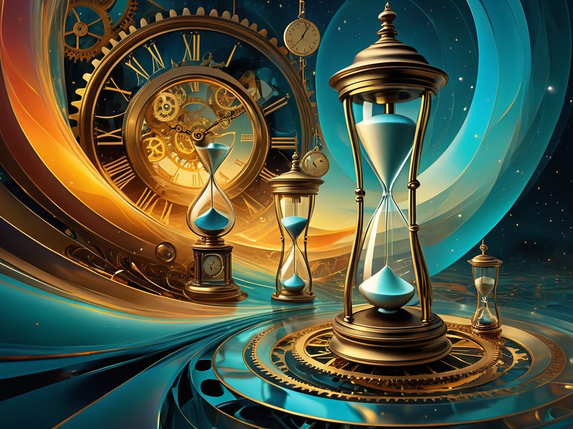 Artistic Depiction of Time with Clocks and Hourglasses