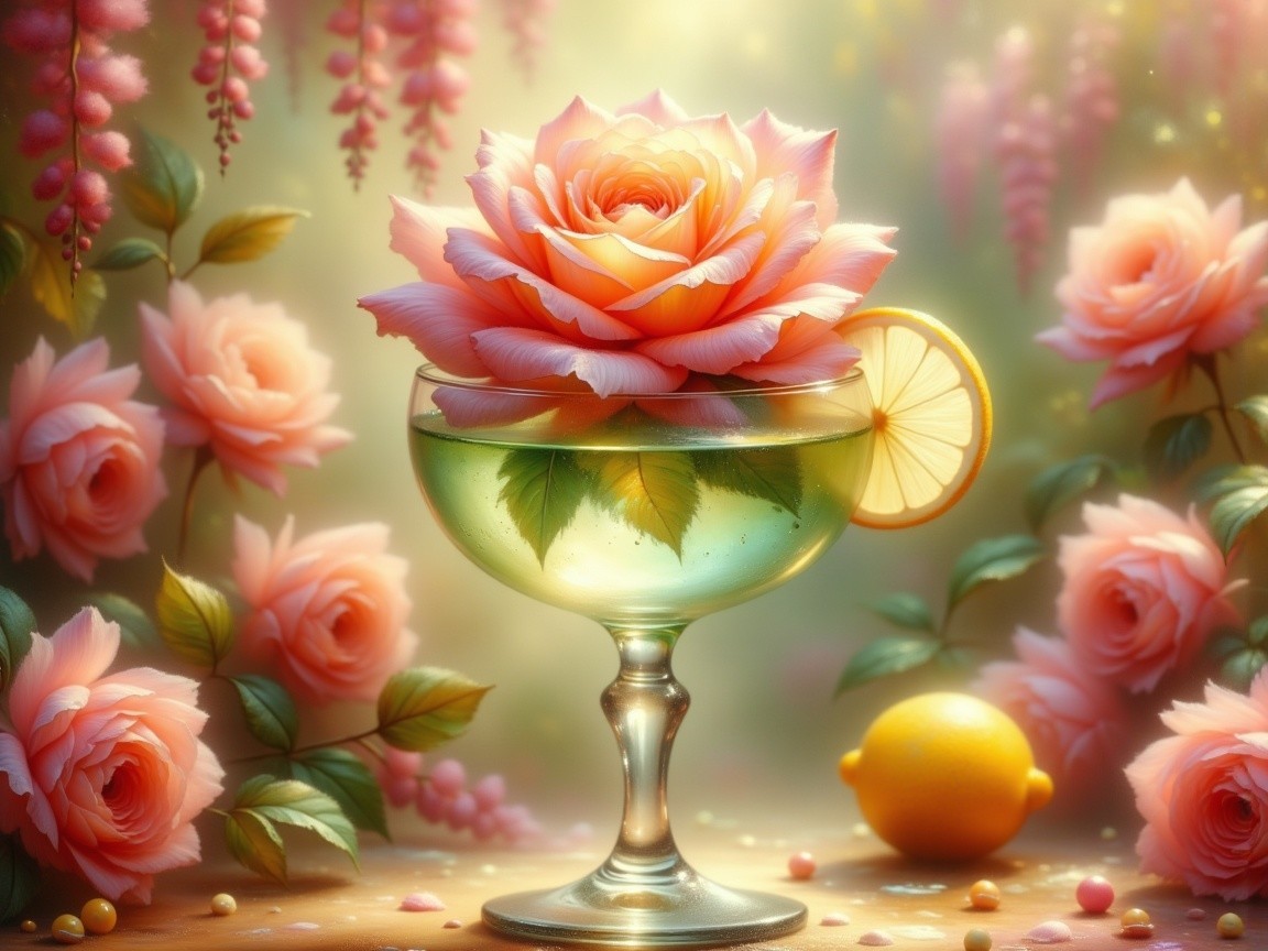 Delicate pink rose in glass with greenery and lemon