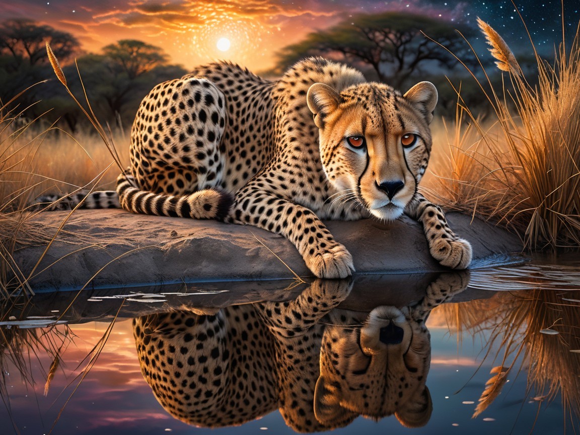 Cheetah by Waterhole at Sunset in Savanna Landscape