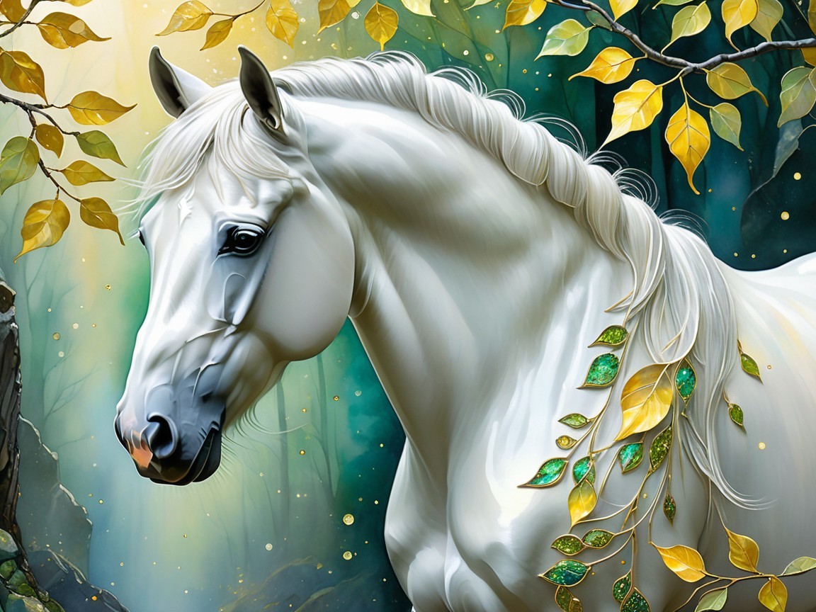 Majestic White Horse in a Lush Forest Setting
