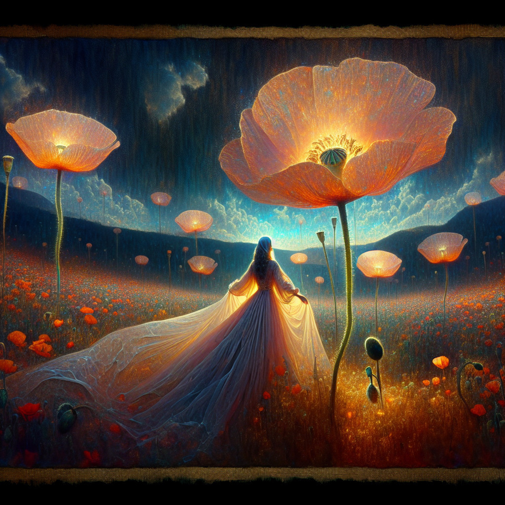 Mystical Landscape with Luminous Poppies and Mist