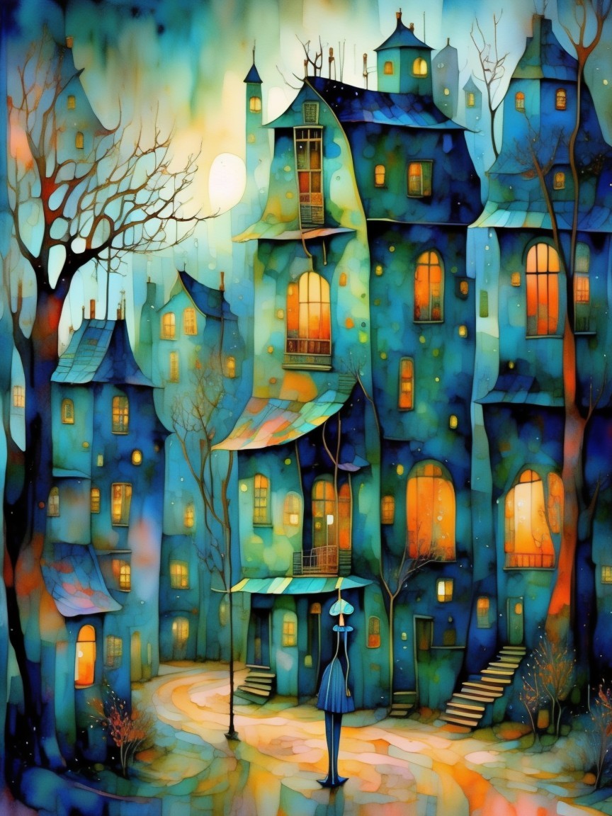 Whimsical Scene of Colorful Houses and Twilight Sky