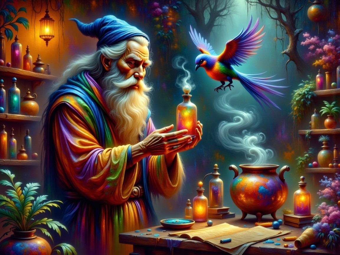 Elderly Wizard Examines Glowing Potion in Mystical Setting