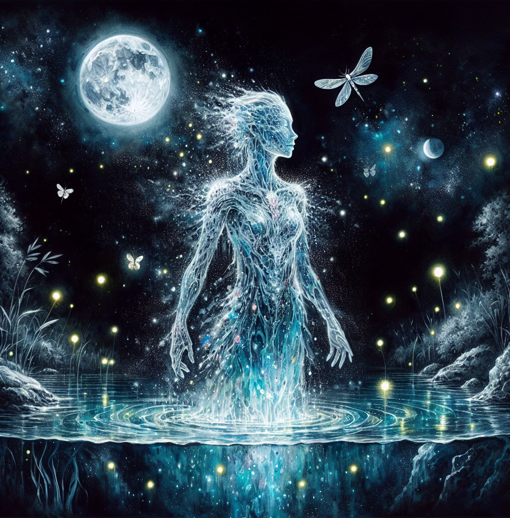 Ethereal figure in water under a radiant moonlight