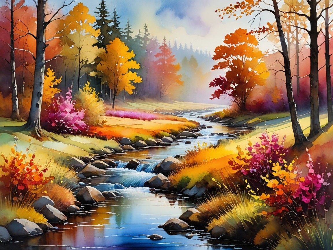 Autumn Landscape with Stream and Colorful Foliage