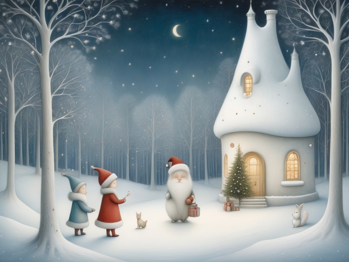 Whimsical Winter Scene with Children and Santa Claus