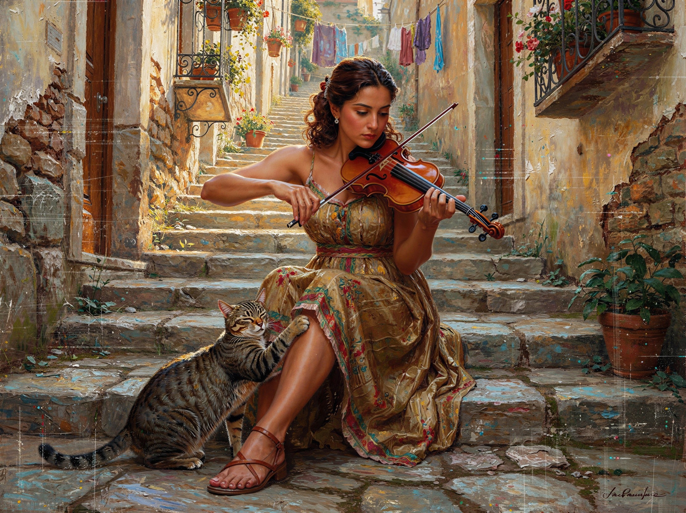 Serene Italian Village Scene with Violin and Cat