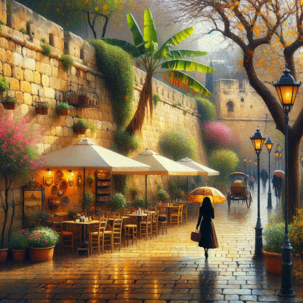 Charming Cobblestone Street with Outdoor Cafes and Greenery