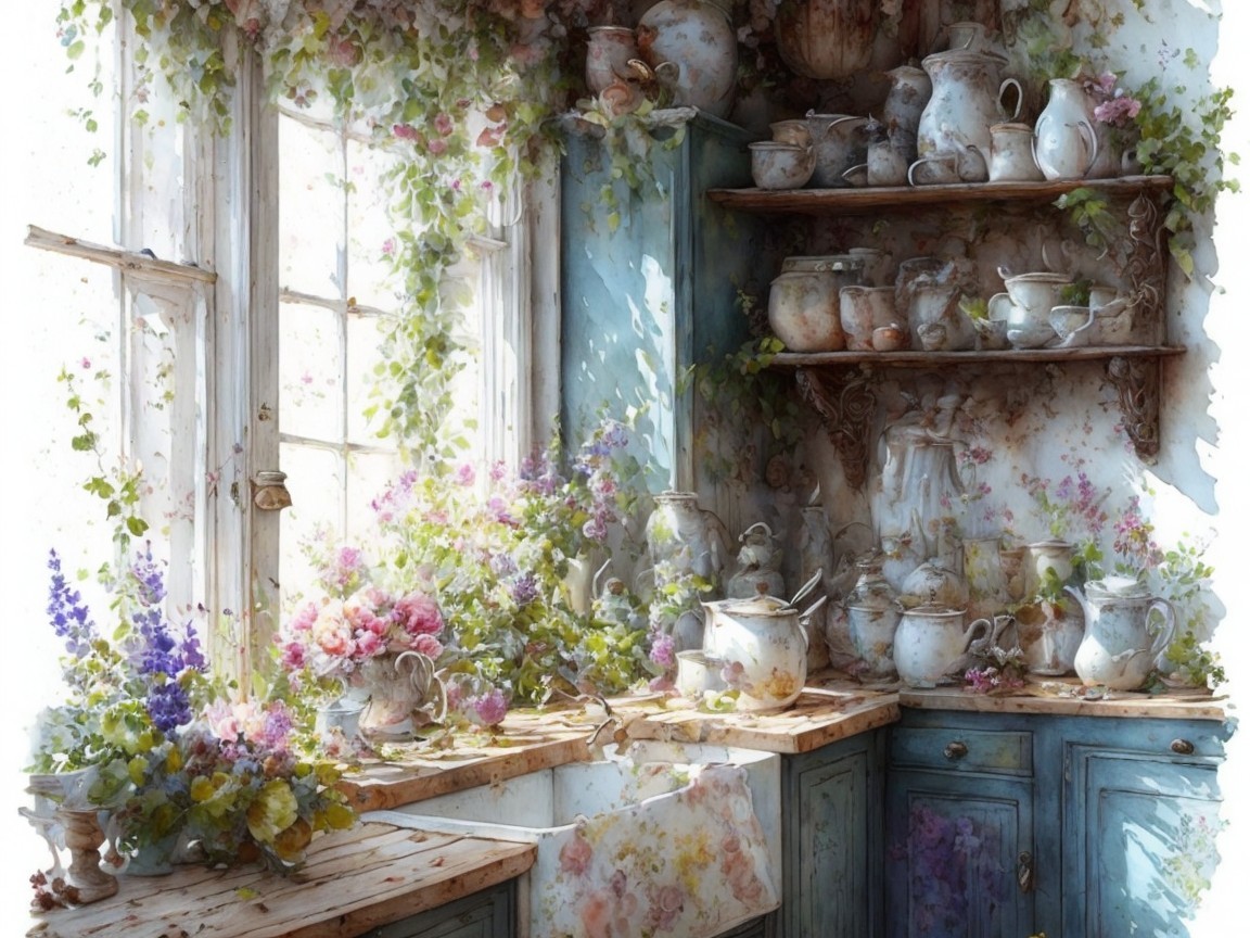 Vintage Kitchen with Delicate China and Rustic Decor