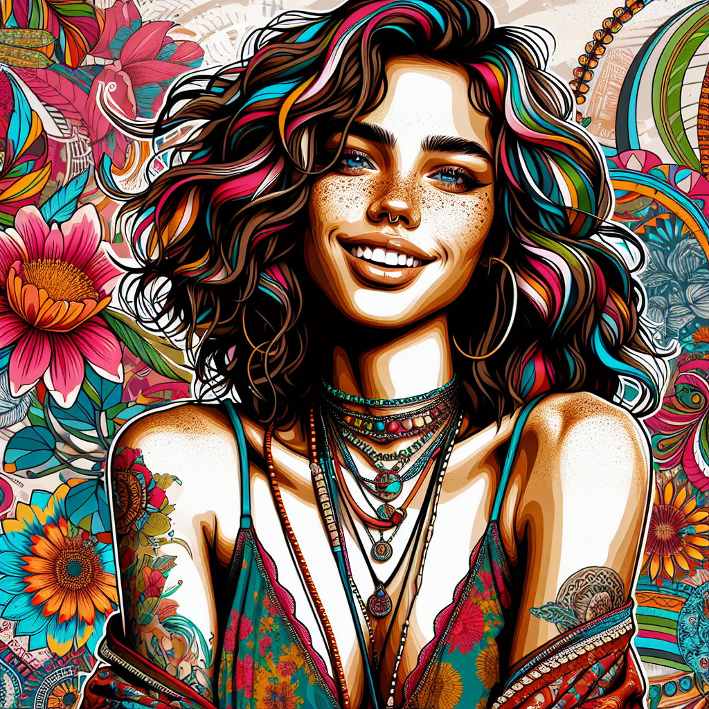 Colorful Illustration of a Smiling Woman in Bohemian Style
