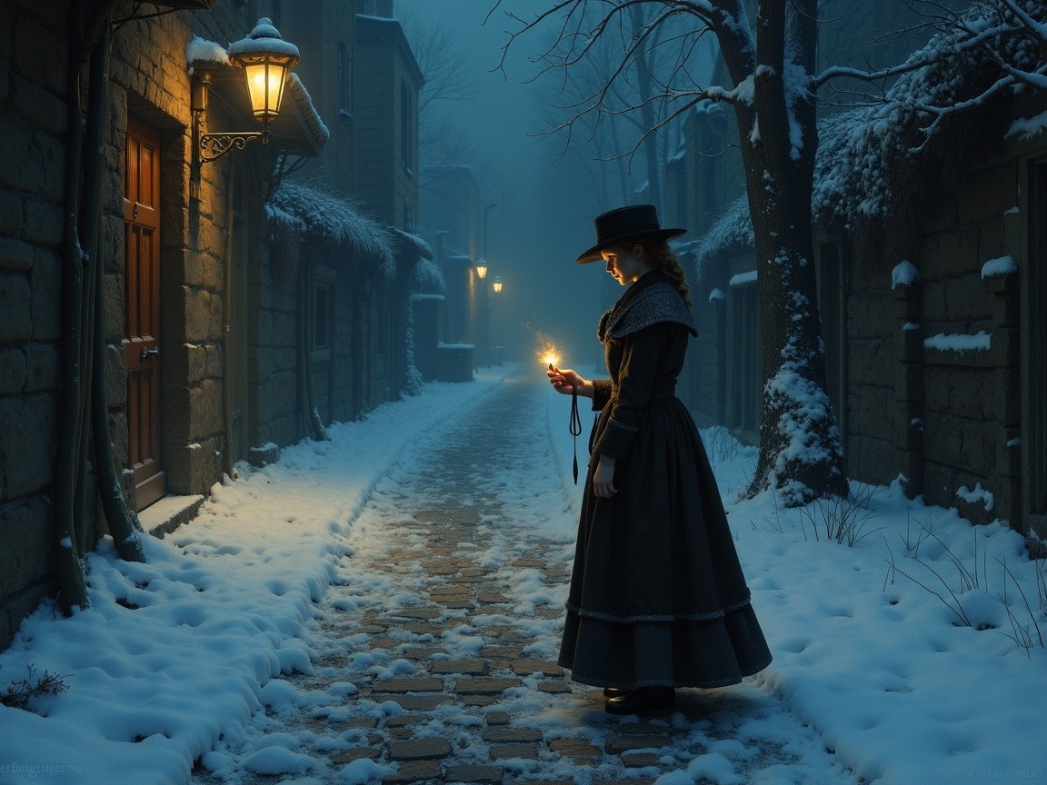Young Woman in Vintage Dress in Snowy Alleyway