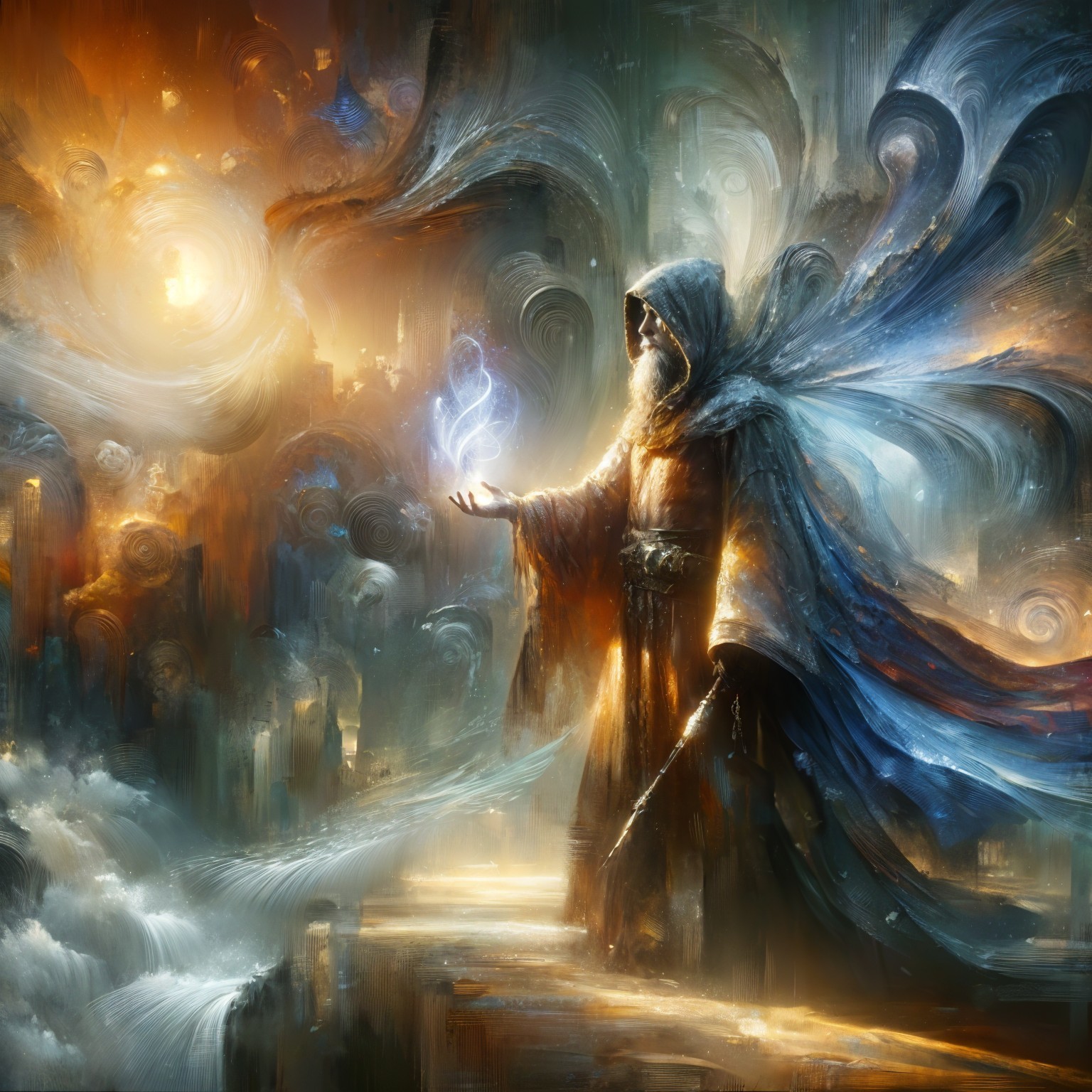 Majestic figure in vibrant robes in dreamlike landscape