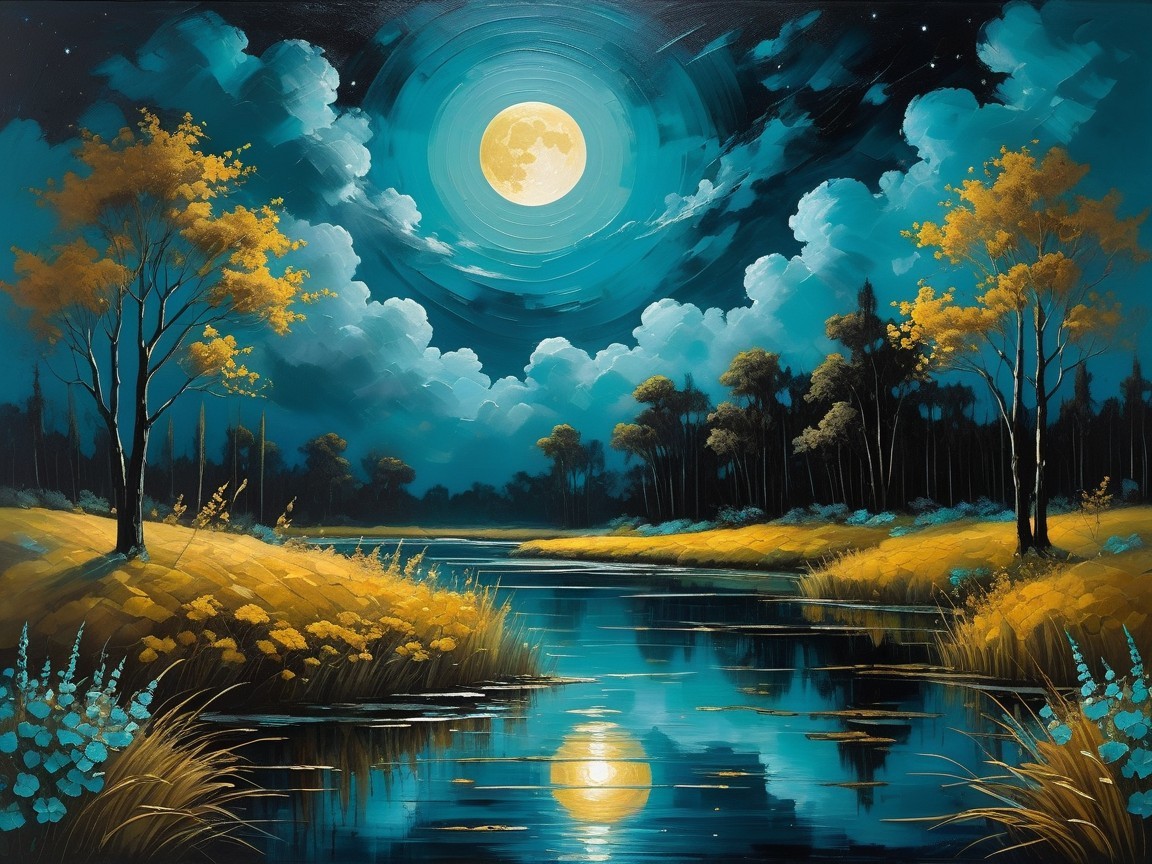 Tranquil Night Scene with River and Full Moon Reflection