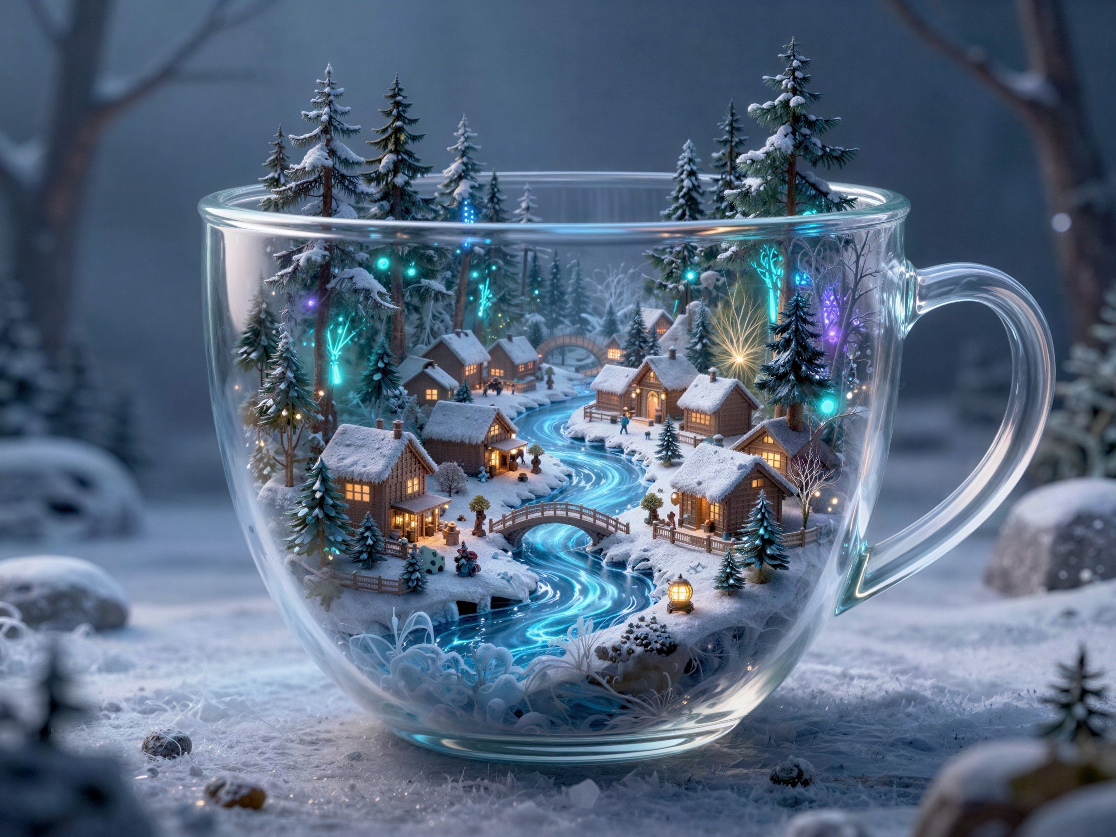 Magical Winter Wonderland Village in Glass Teacup