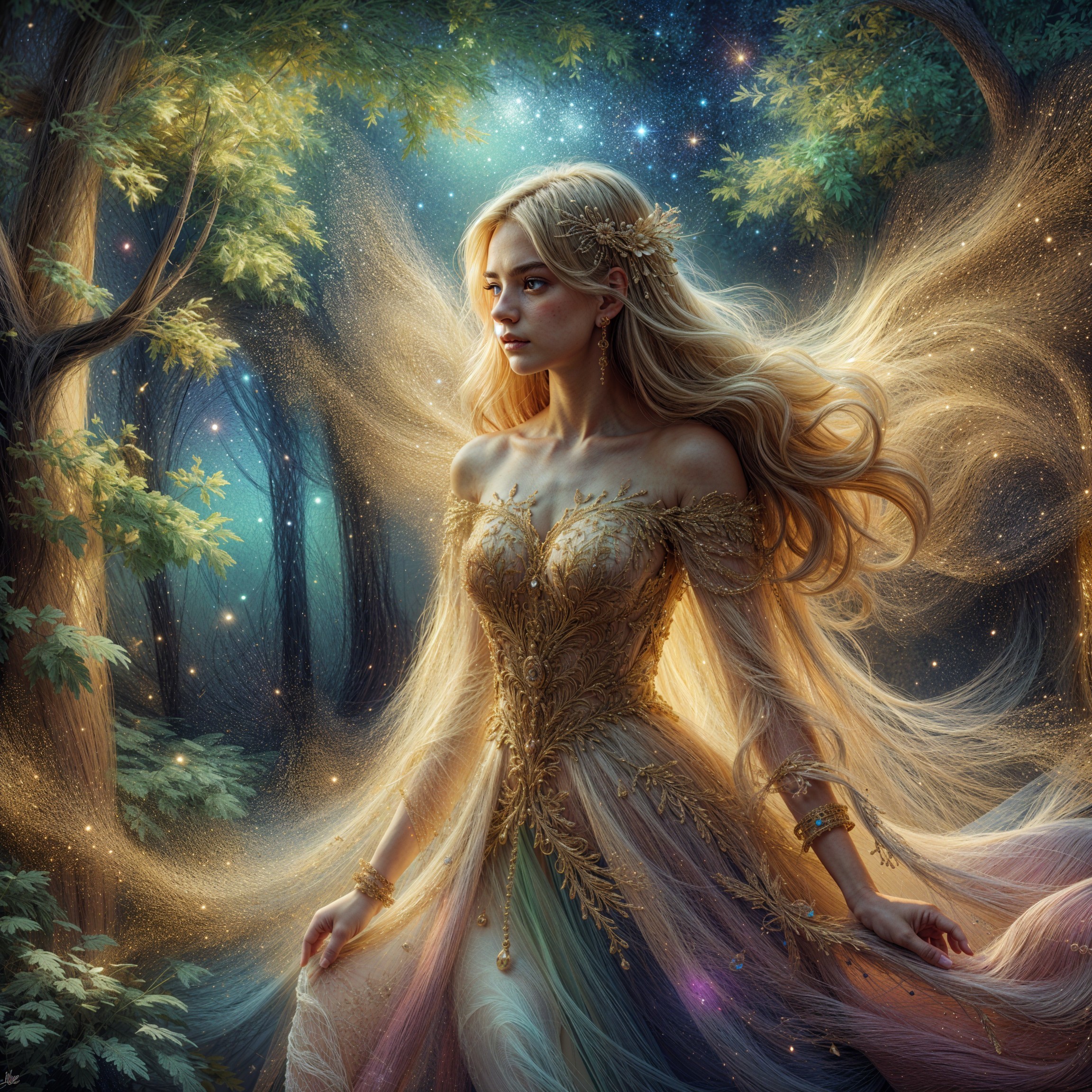 Mystical forest with a graceful figure in gown