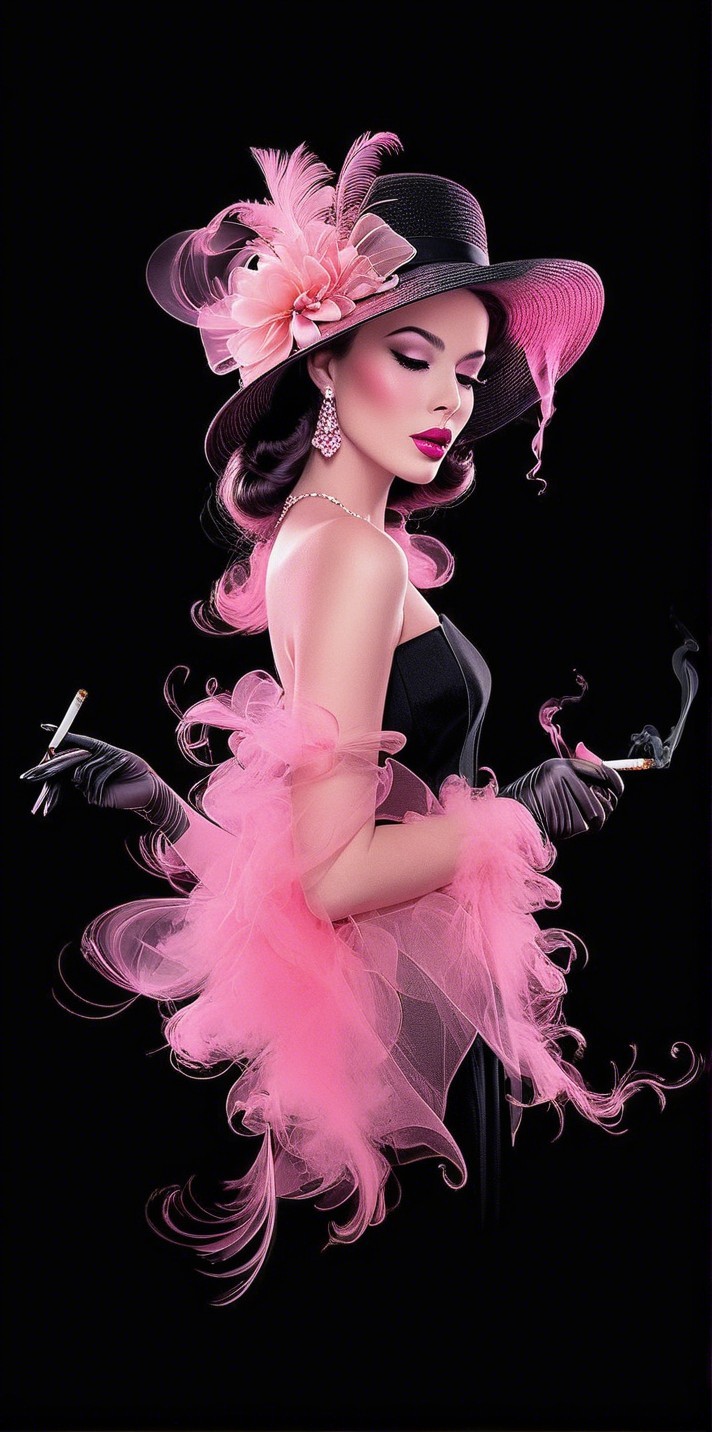 Glamorous Woman in Black Gown with Pink Boa and Hat