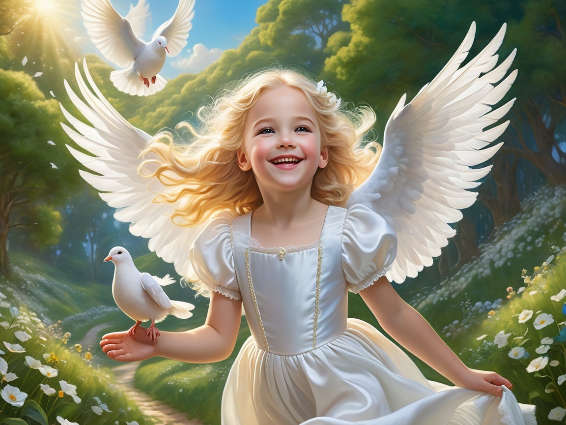 Joyful girl with wings in a sunlit meadow scene