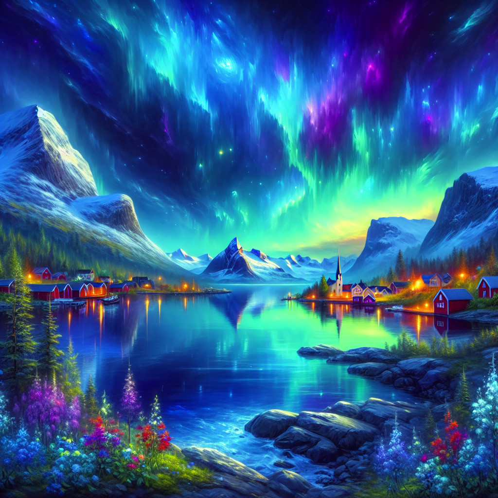 Serene Lake Landscape with Northern Lights and Mountains