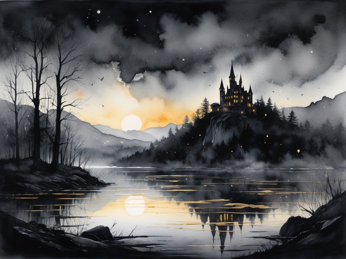 Mystical Castle Landscape with Sunset and Lake Reflection