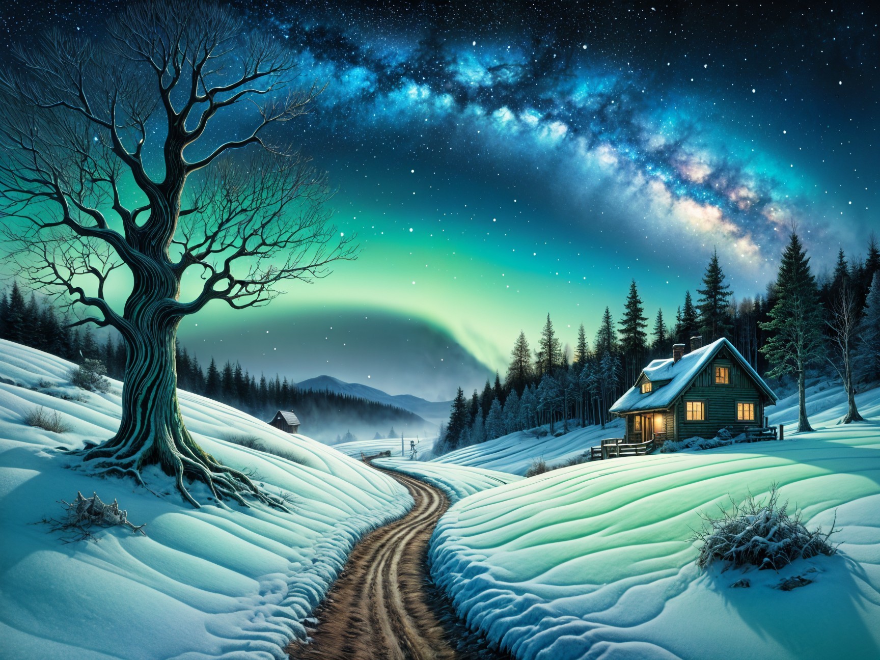 Winter Landscape with Cabin and Aurora Borealis