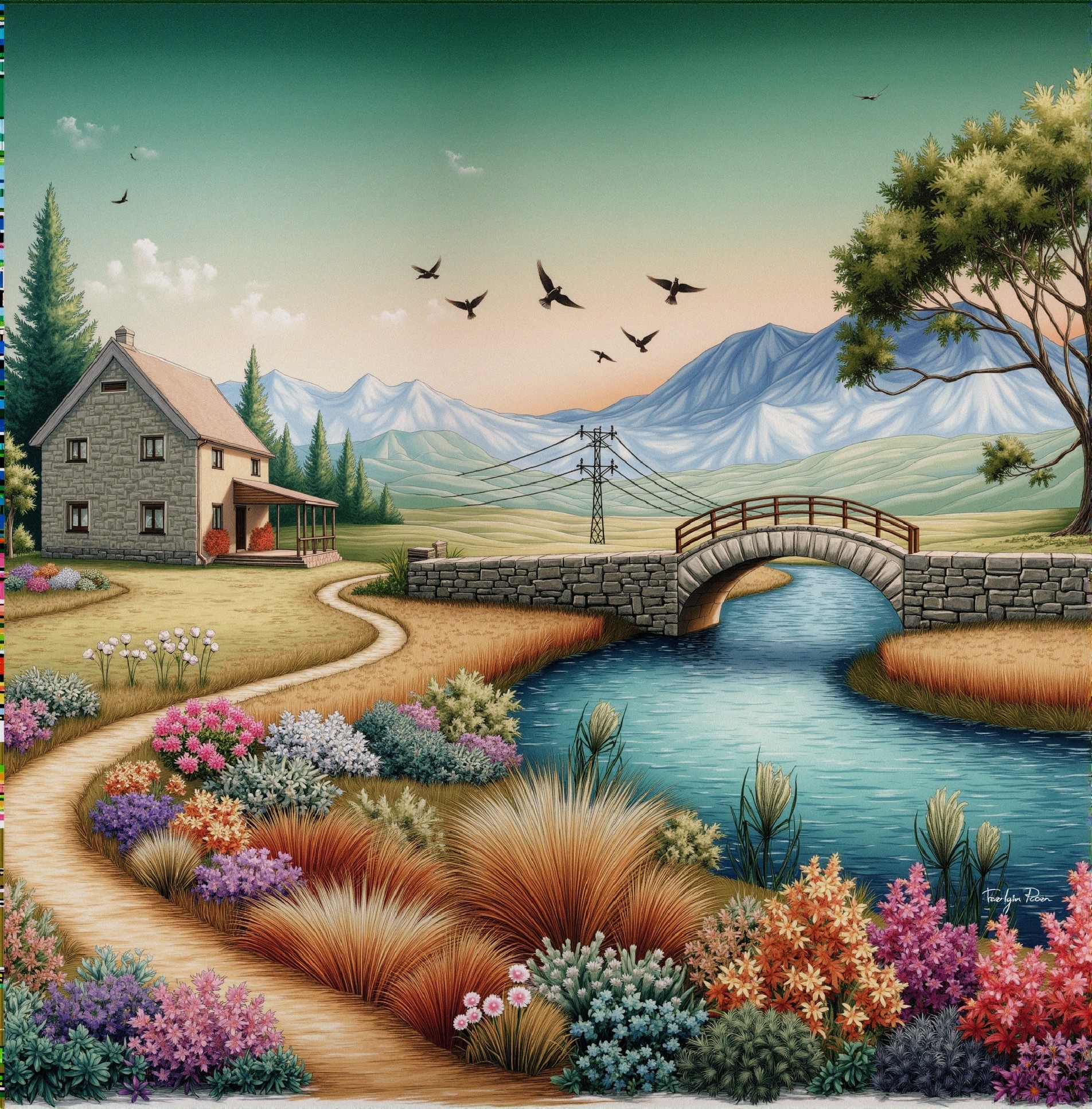 Serene landscape with house, bridge, and mountains