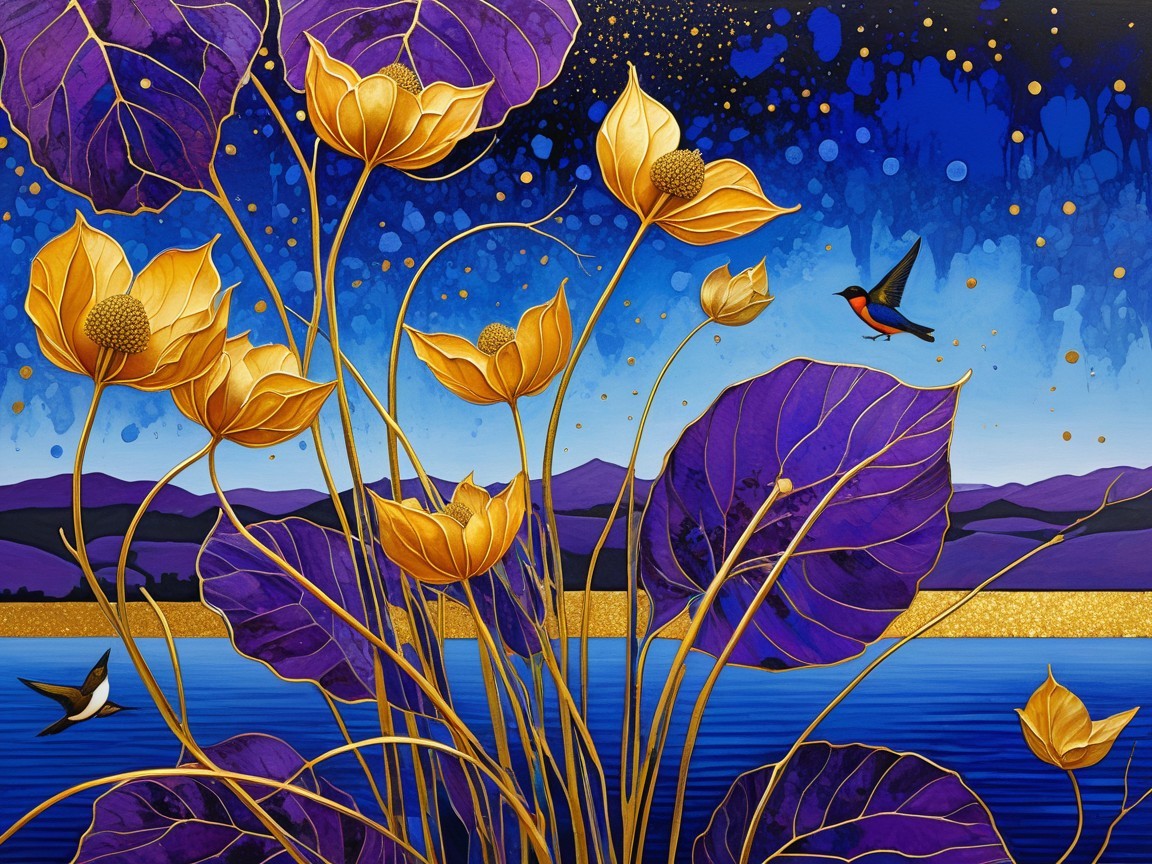 Vibrant Golden Lotus Flowers with Purple Leaves Scene