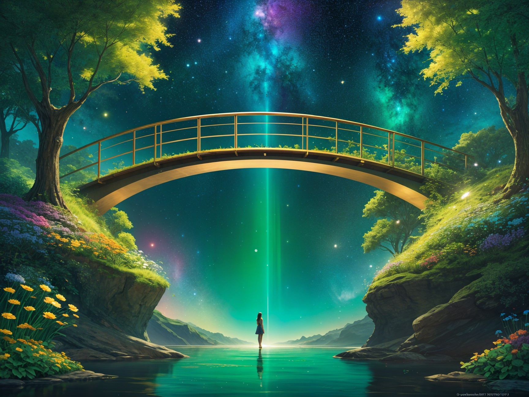 Magical Landscape with Figure Under Golden Bridge