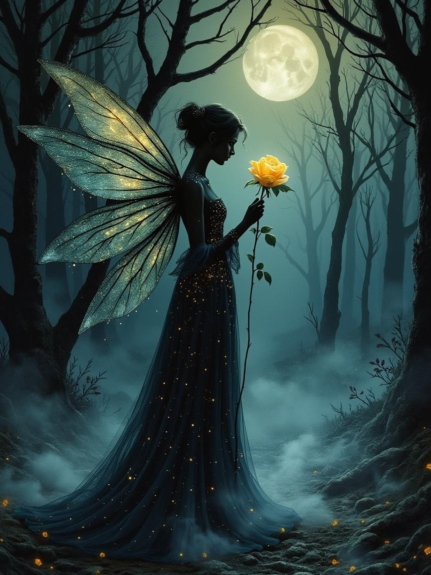 Fairy in Mystical Forest with Yellow Rose and Moonlight