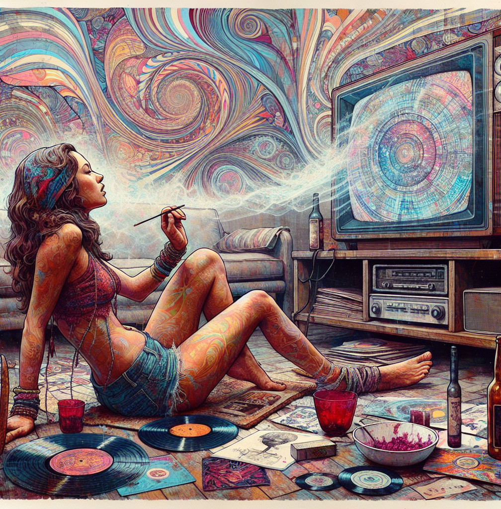 Psychedelic Scene with Woman, Records, and Art Decor