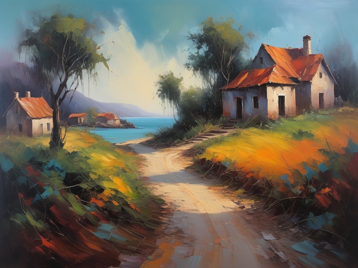 Serene Landscape with Quaint Houses and Tranquil Sea