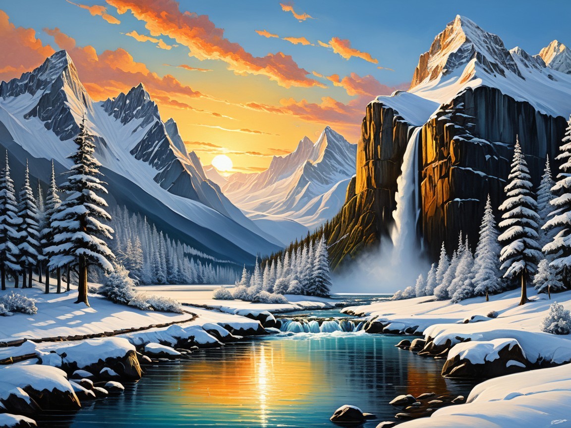 Winter Landscape with Snow-Capped Mountains and Waterfall
