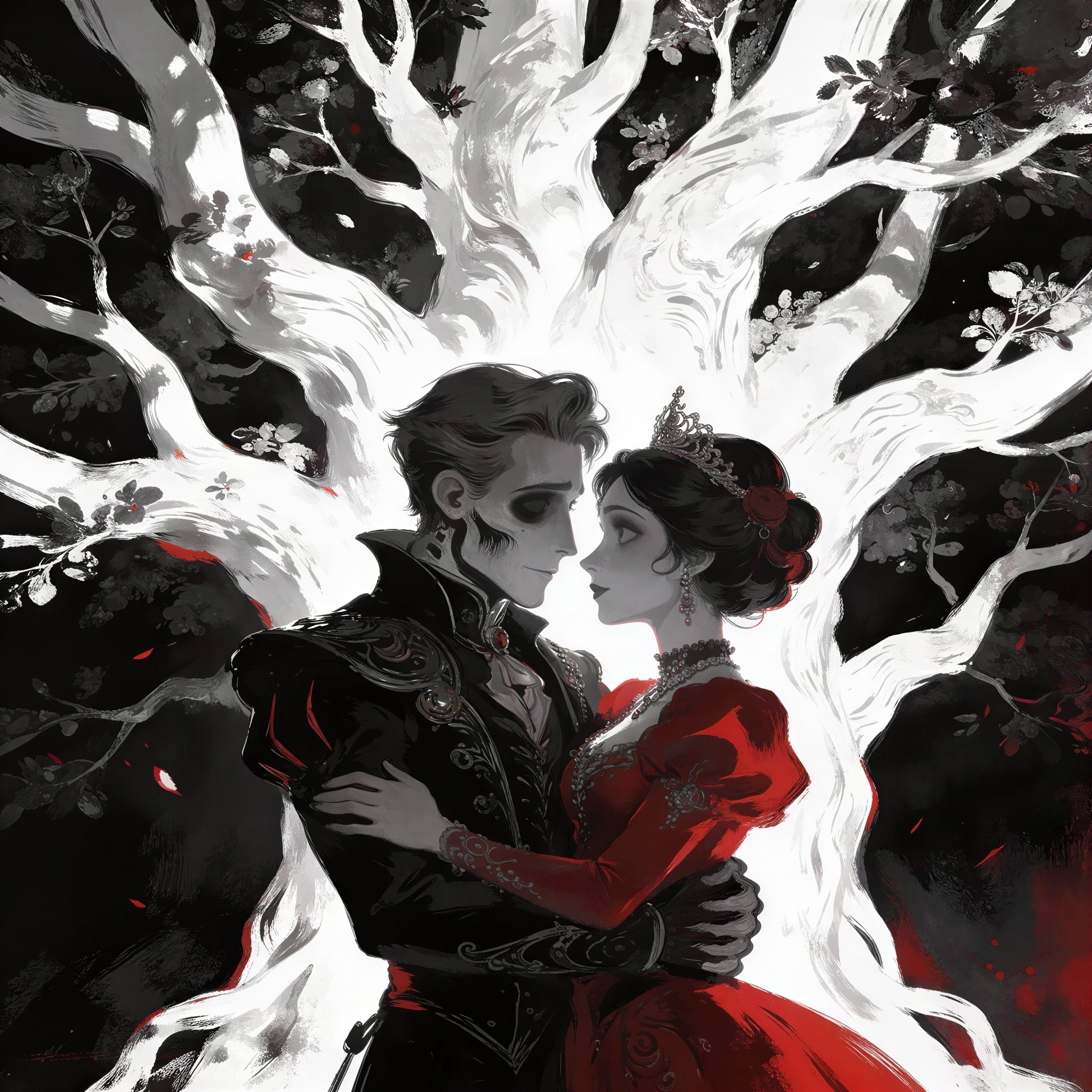 Dramatic Digital Illustration of Skeletal Man and Woman