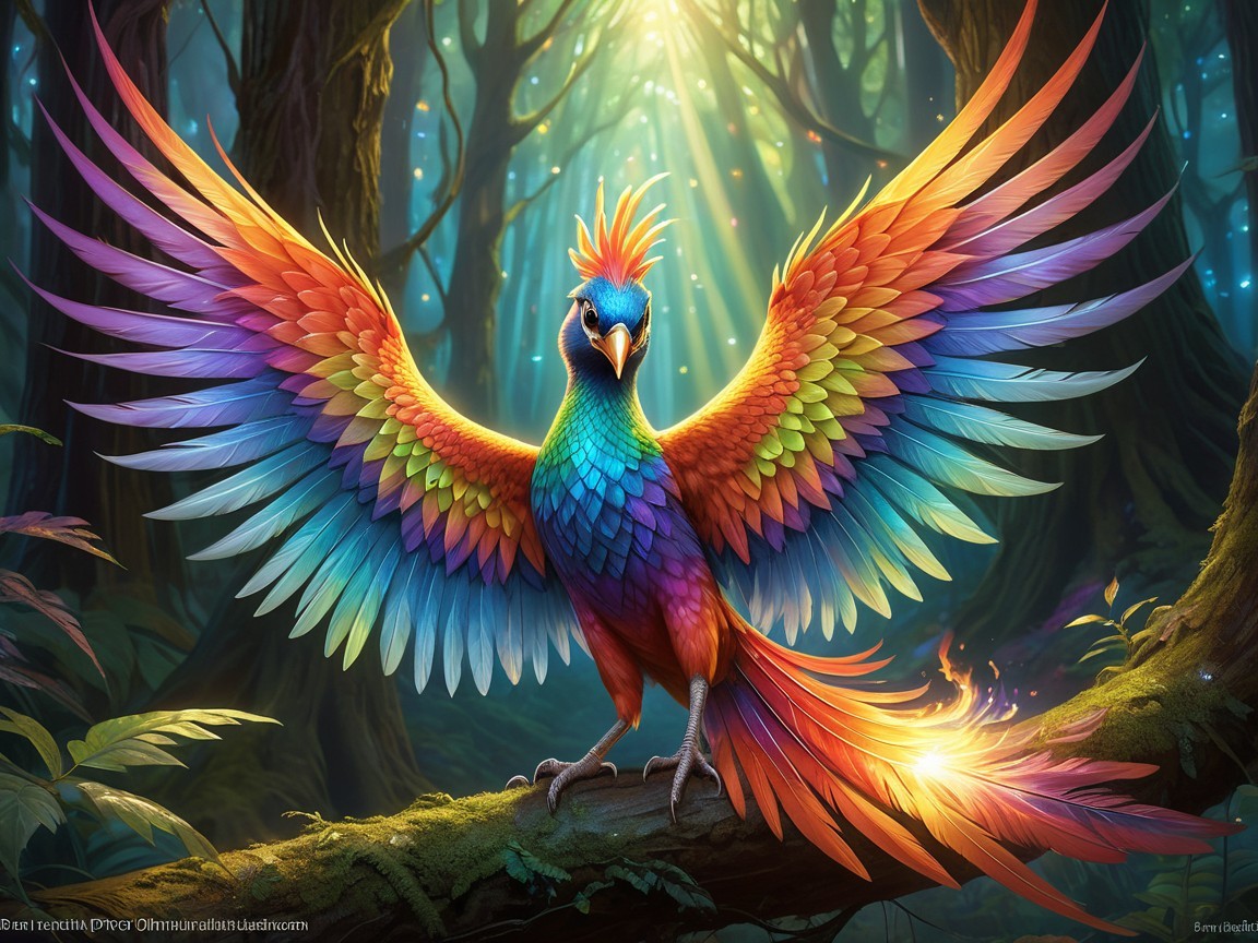 Colorful Phoenix in a Mystical Forest Setting