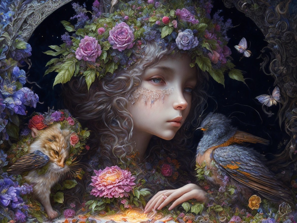 Serene figure with floral crown in vibrant nature scene