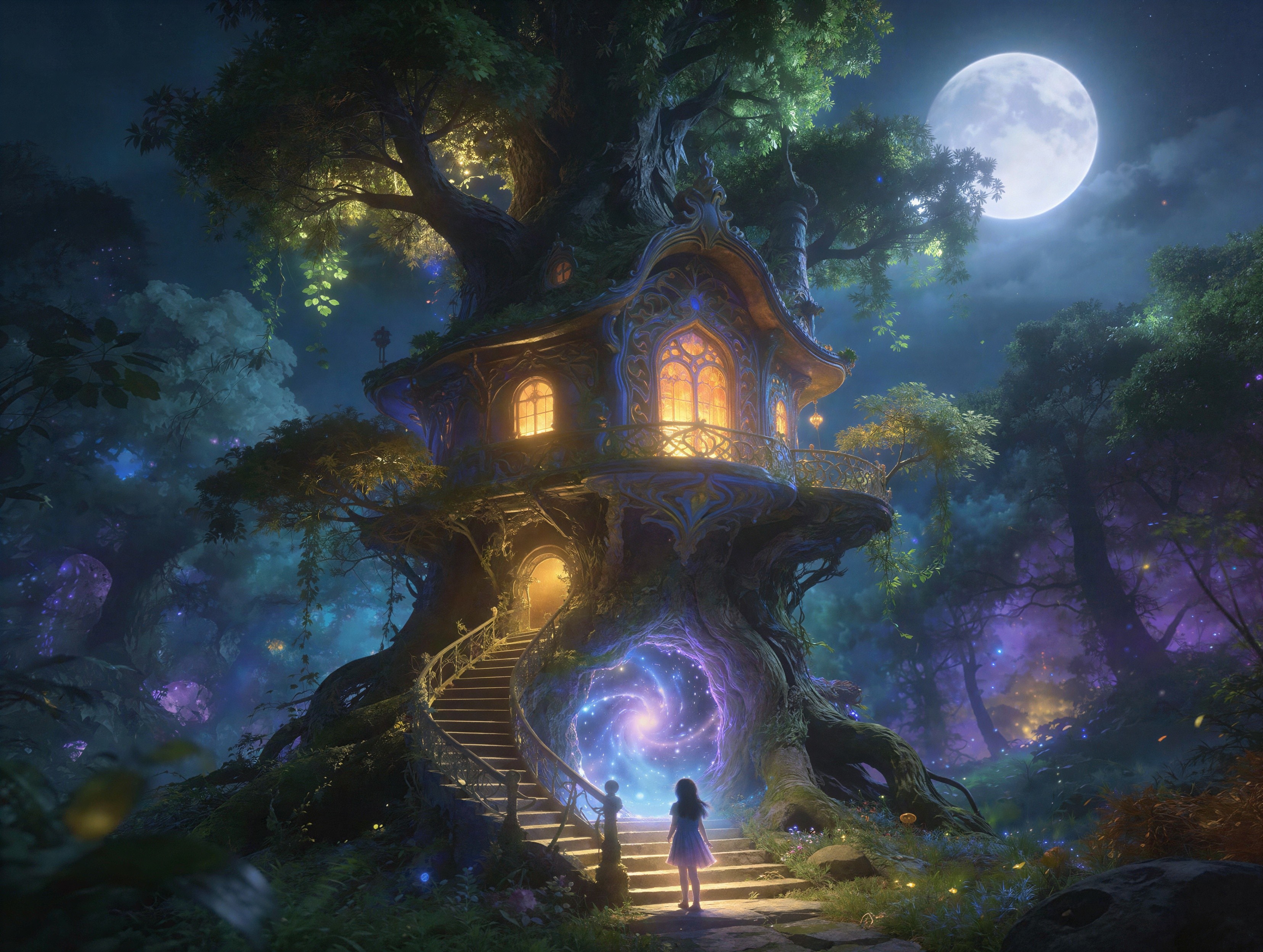 Whimsical Treehouse in Mystical Night Forest Scene