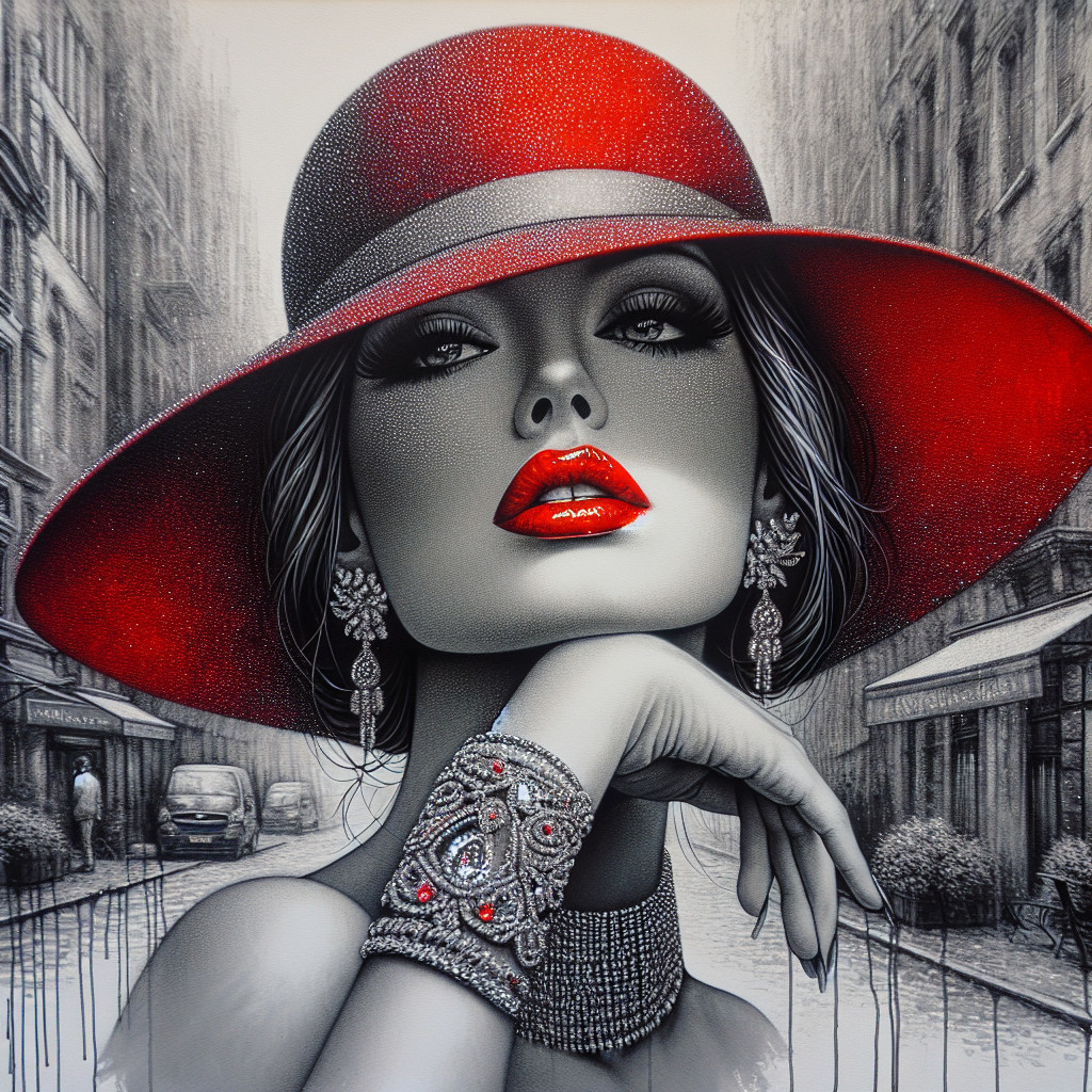Glamorous Woman in Red Hat on Elegant City Street