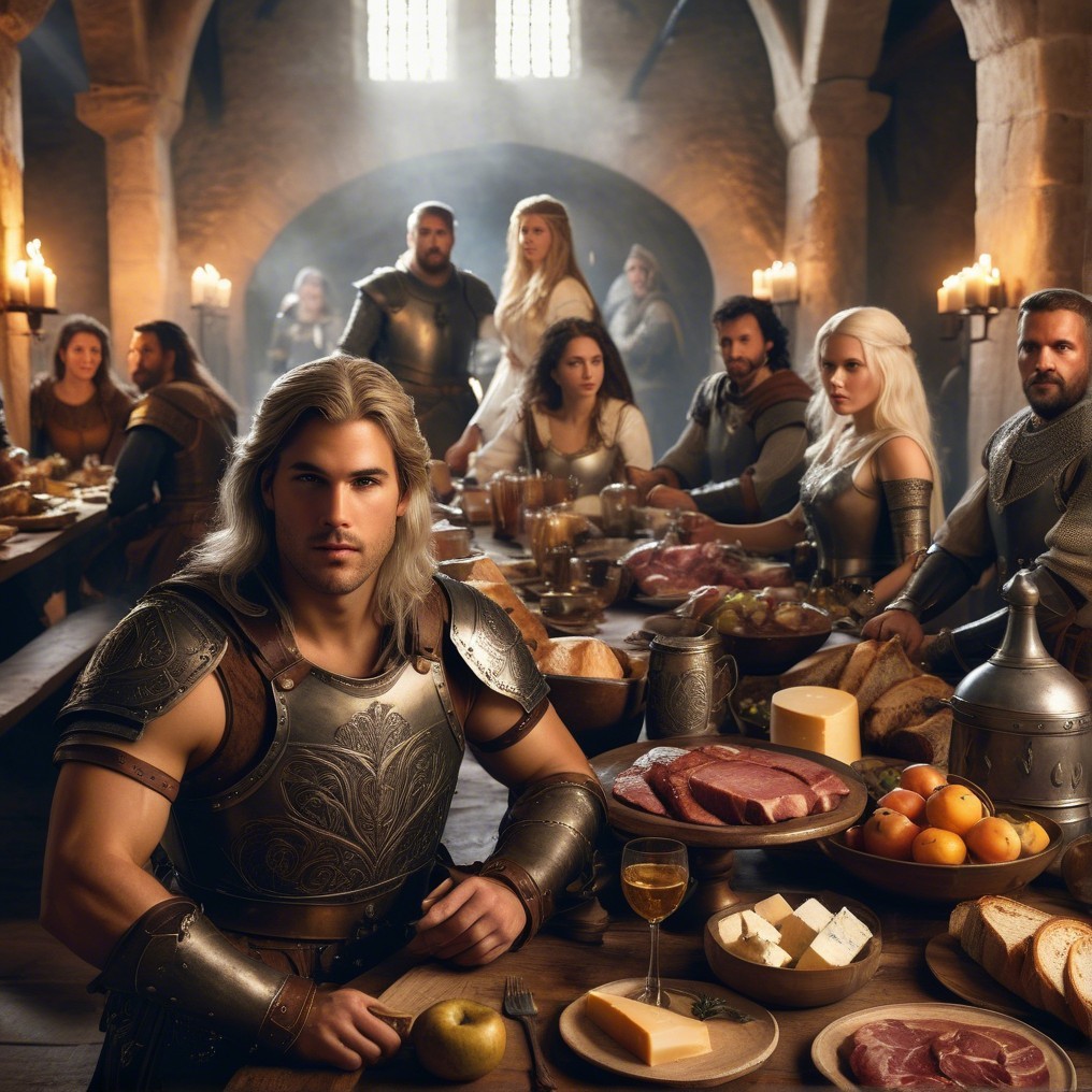 Medieval Banquet Scene in Candlelit Stone Hall