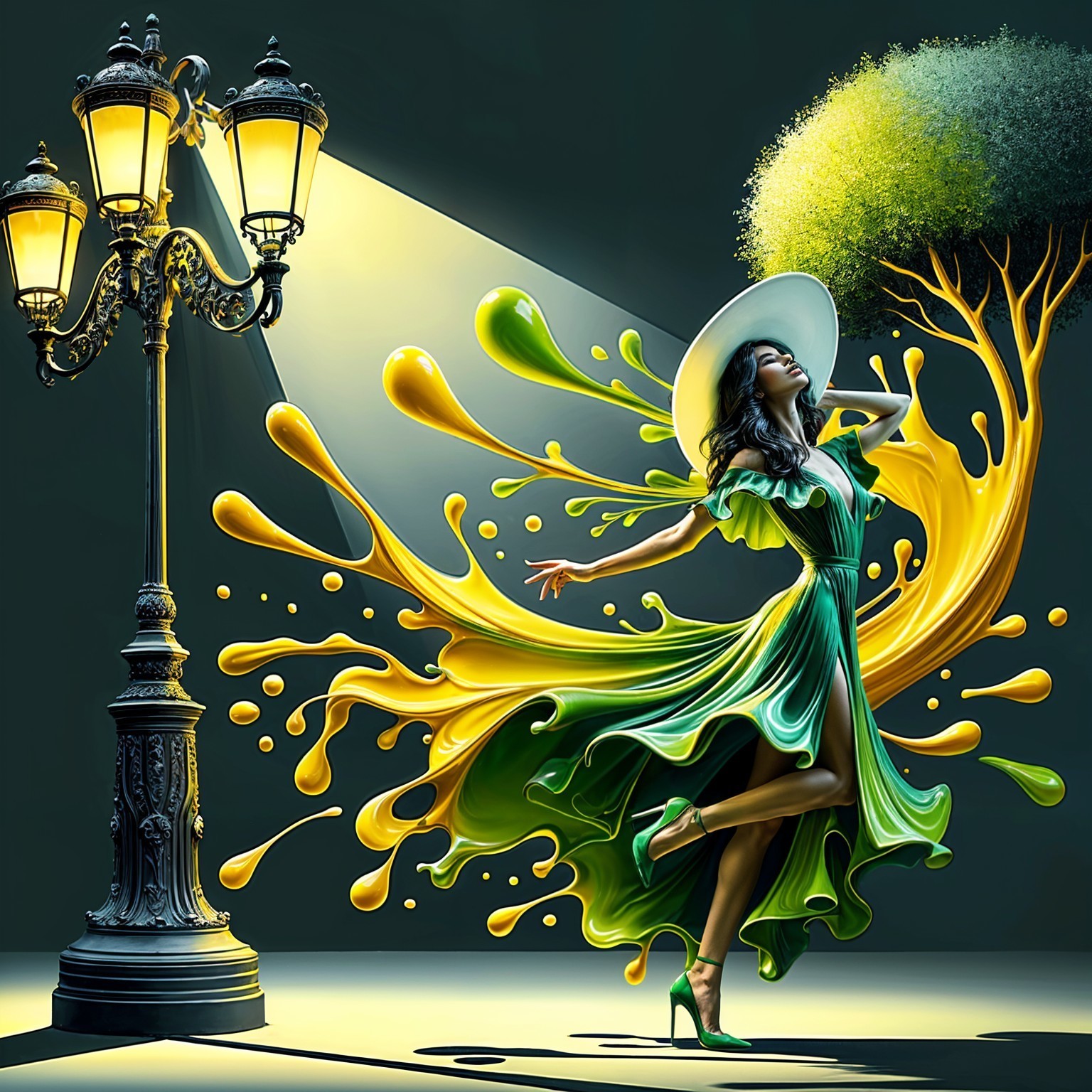 Woman in Green Dress Dancing Under Streetlamp