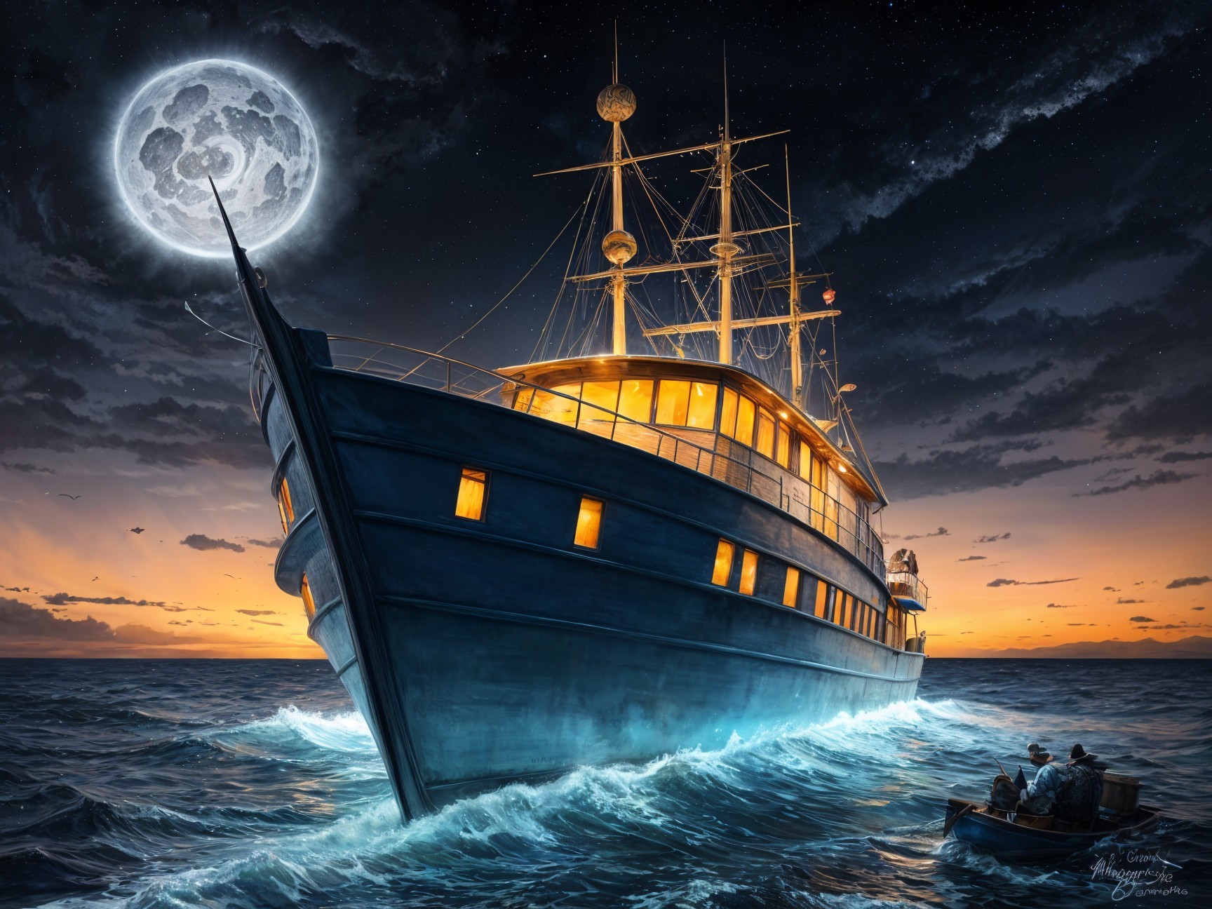 Majestic ship on moonlit sea with silhouetted figures