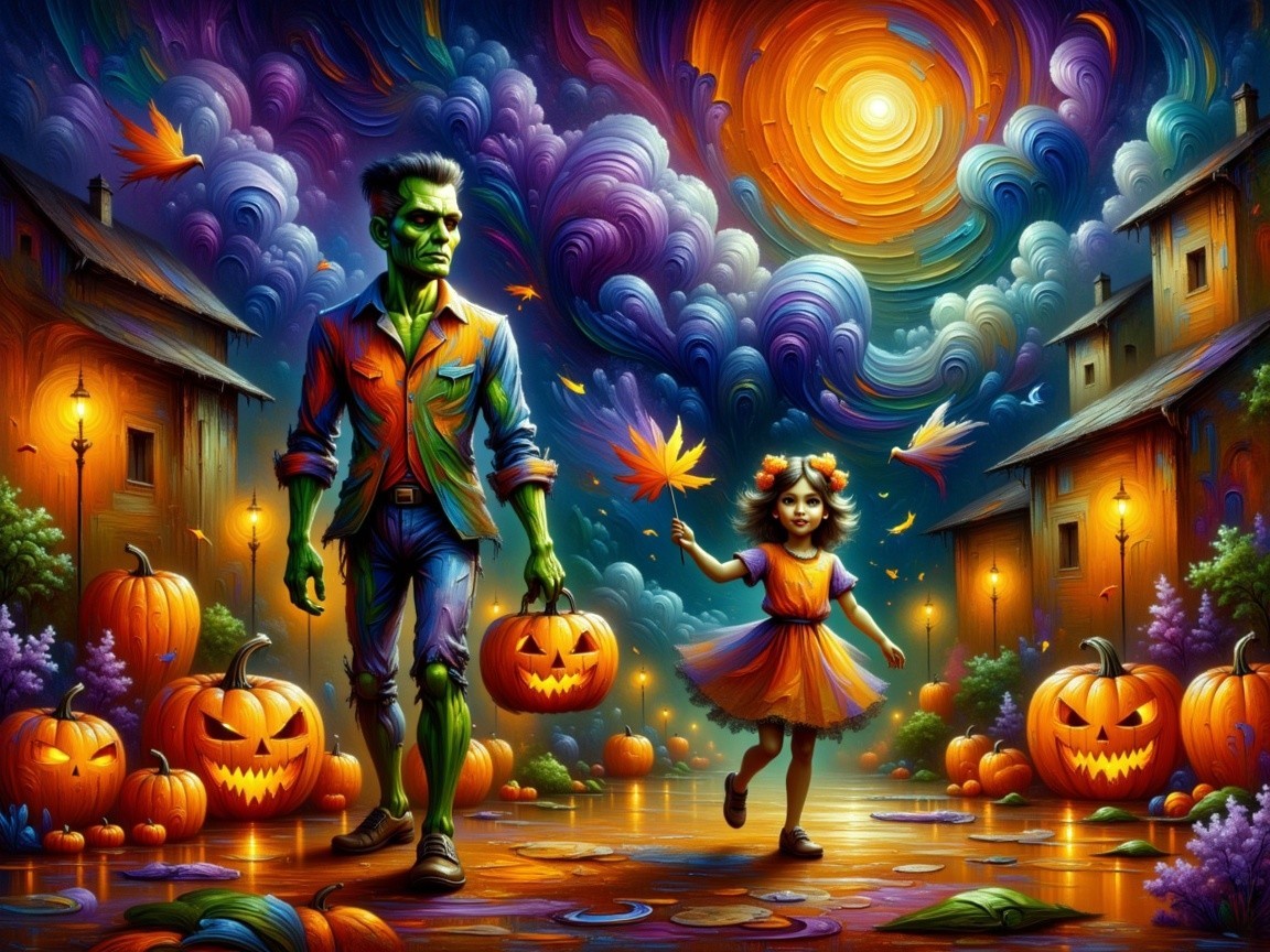 Whimsical Halloween Night with Green Figure and Girl