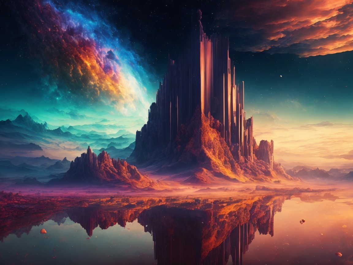 Otherworldly Landscape with Crystalline Spires and Lake