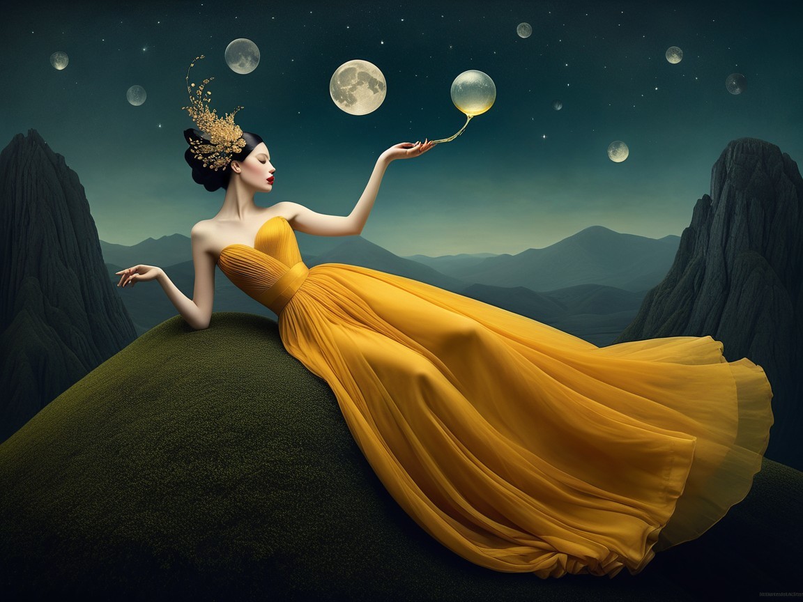 Woman in Yellow Gown on Hill Under Starry Sky