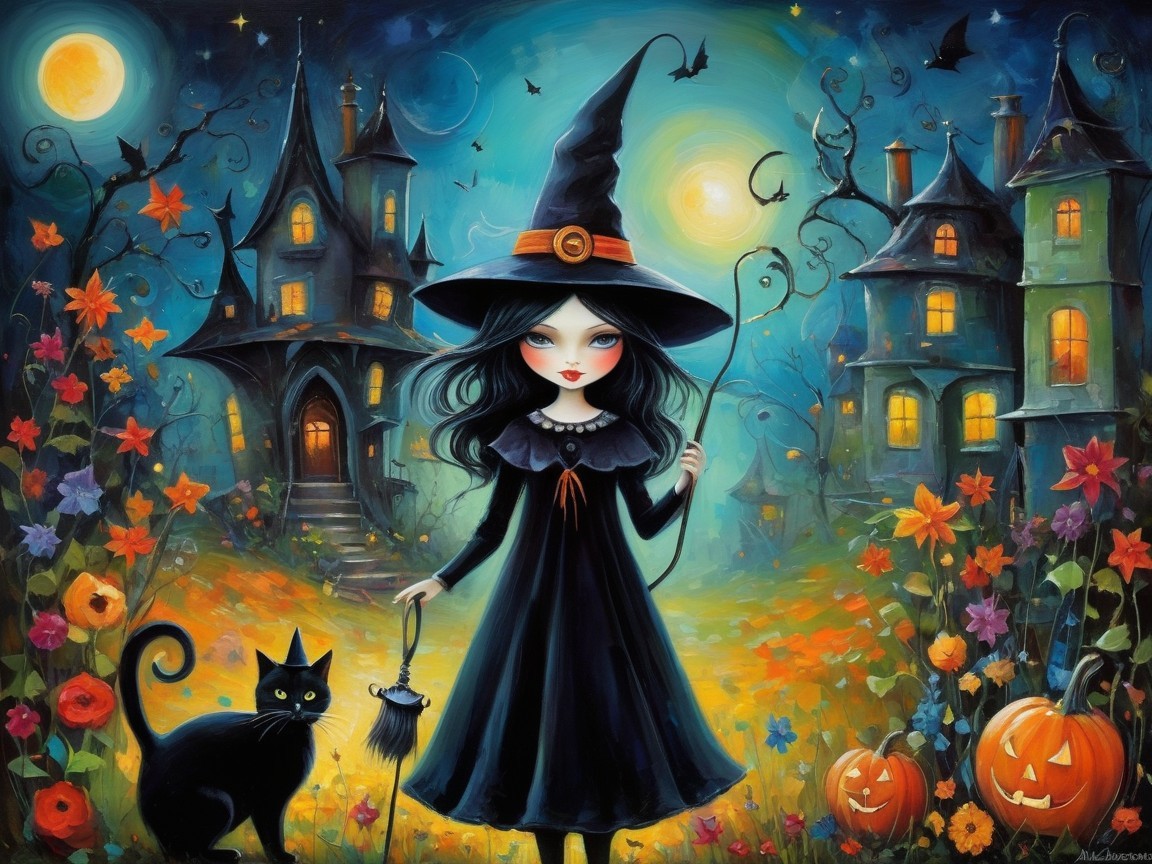 Whimsical Nighttime Scene with Young Witch and Cat
