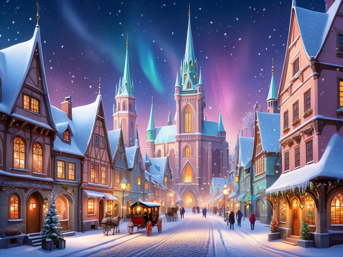 Winter Village with Snow-Covered Buildings and Lights