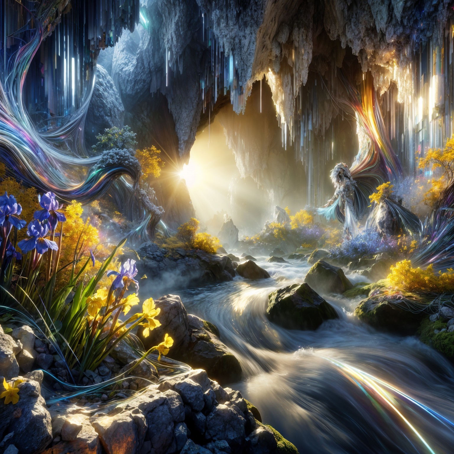 Surreal Cave Landscape with Golden Light and Flowers