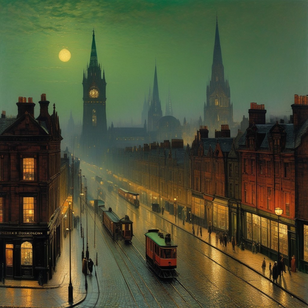 Foggy City Street with Historic Buildings and Gas Lamps