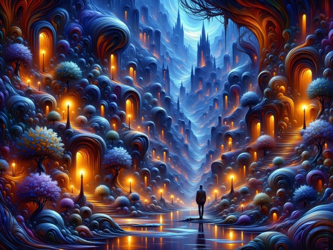 Surreal Landscape with Winding Path and Colorful Hills