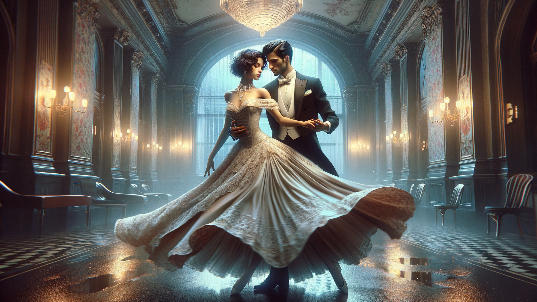 Elegant Ballroom Dance with Lace Gown and Tuxedo